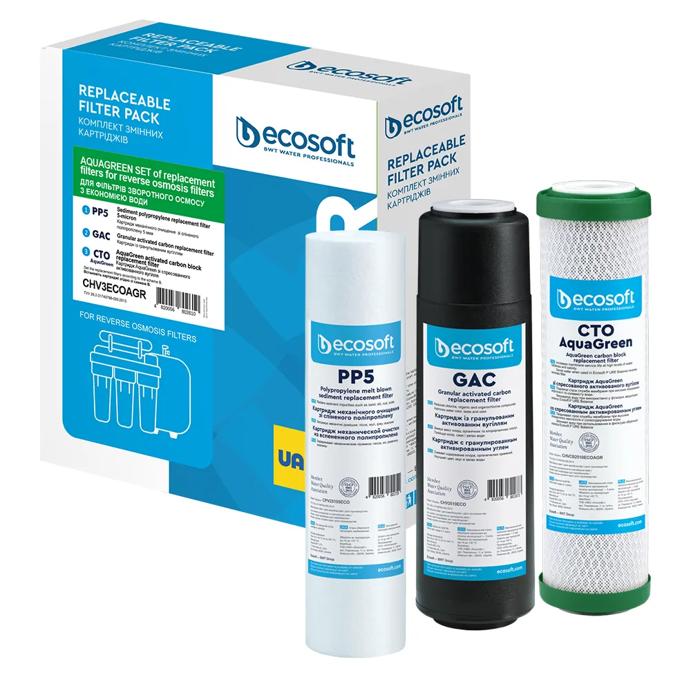 Комплект картриджів 1-2-3 Ecosoft покращений для зворотного осмосу з функцією економії води